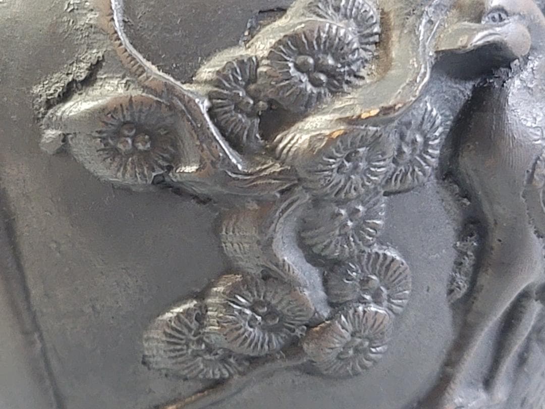 銅 獅子蓋 松鶴 蓮鶴 窓図 香炉 菊紋 DT277