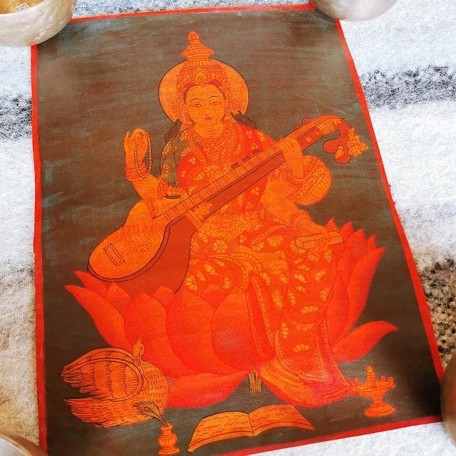サラスヴァティ　弁財天：　タンカ　仏画（額縁なし）