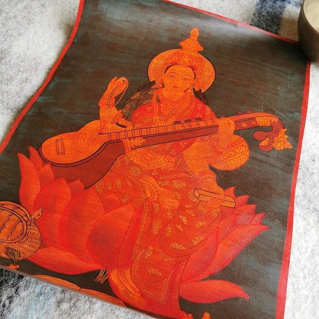 サラスヴァティ　弁財天：　タンカ　仏画（額縁なし）
