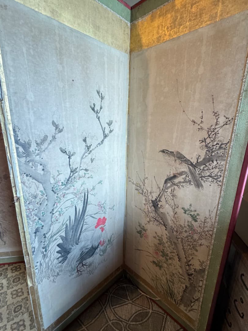 江戸後期 ~ 明治初期 六曲屏風 二点セット 鳥花図 美品 アンティーク