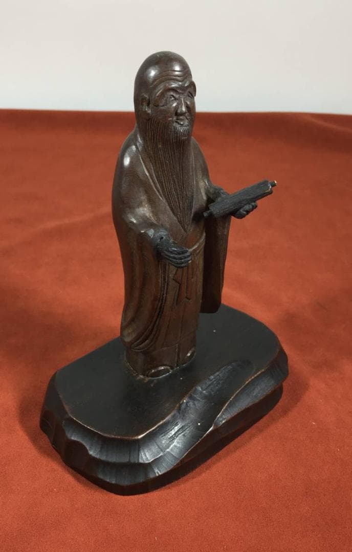 仙人 木彫り 人形 線密彫刻 約14.5cm 巻物 仏像 仙人像 中国美術 古玩