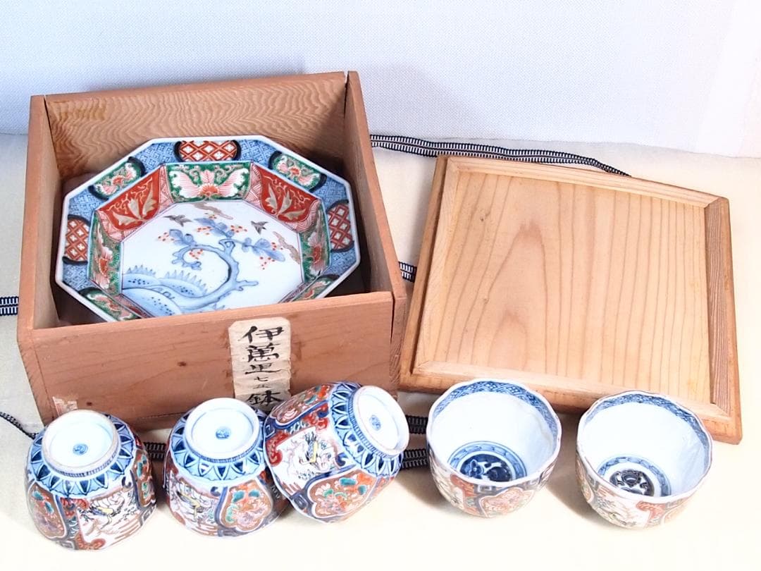【美品】伊萬里/伊万里/有田焼 七五 八角鉢/八角皿＆小鉢5客 花鳥文 食器磁器