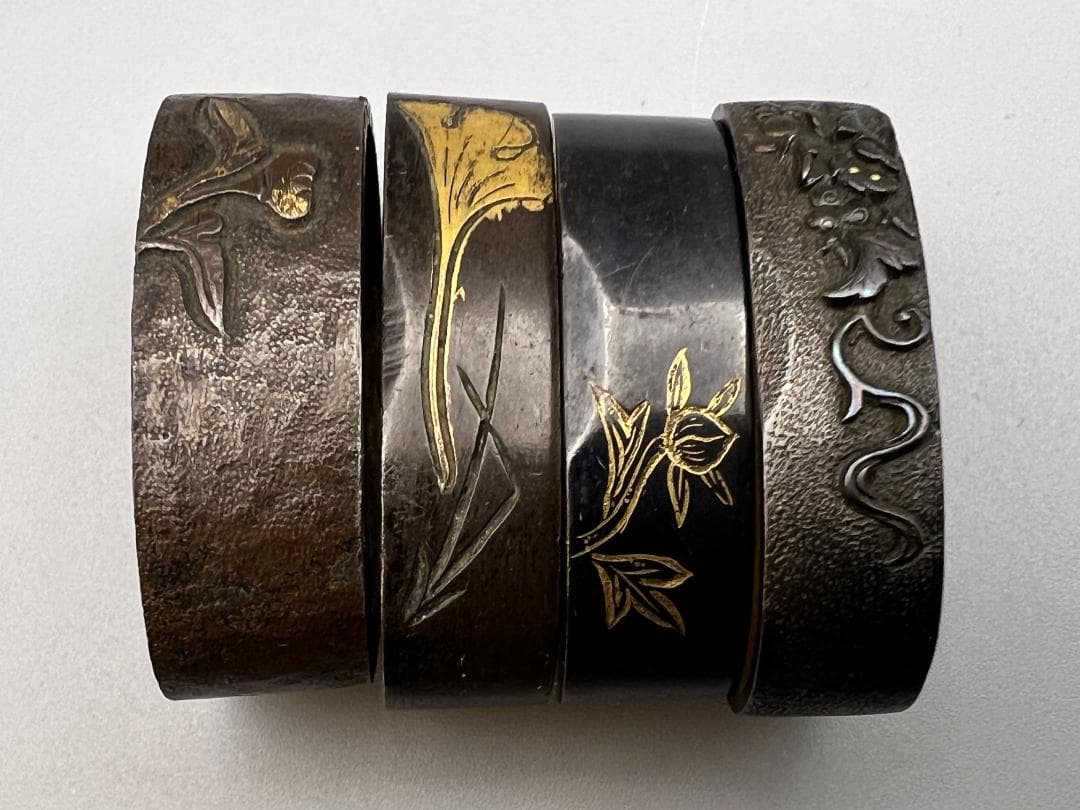 【海】江戸明治期　日本刀装具　花図　牡丹　金象嵌　縁頭　４点　骨董品　美術品