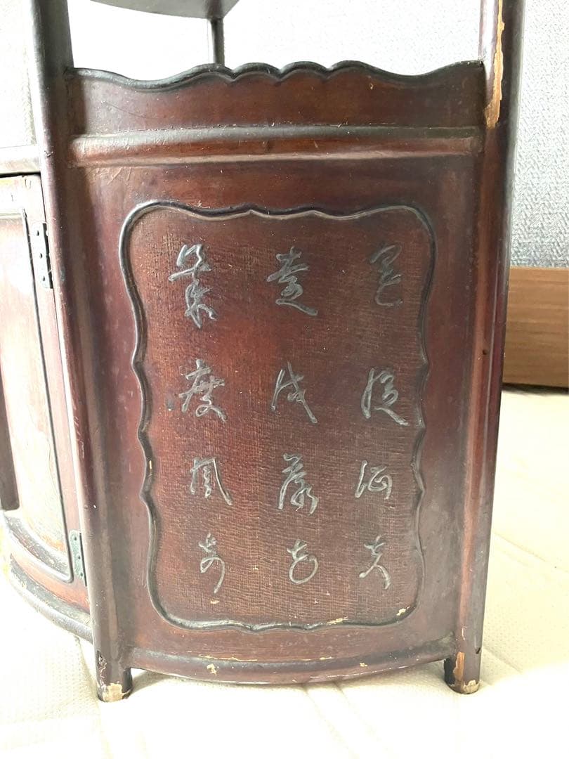 骨董品　唐木家具本花梨 総無垢 茶棚 茶道具 飾棚 彫刻 透かし彫り 煎茶道具