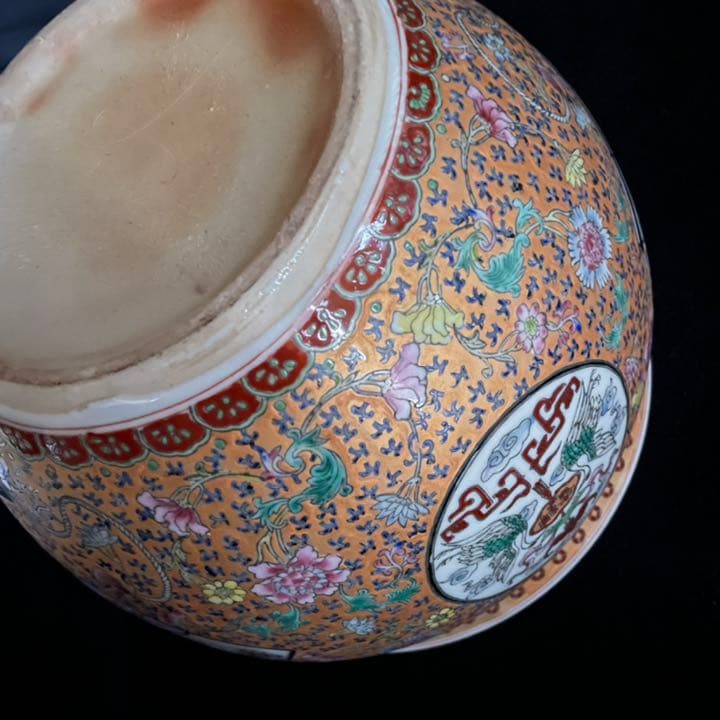 景徳鎮　鉢　百寿　百福　吉祥　手描き　粉彩　蝙蝠　鶴　中国　火鉢　陶器　焼物　書