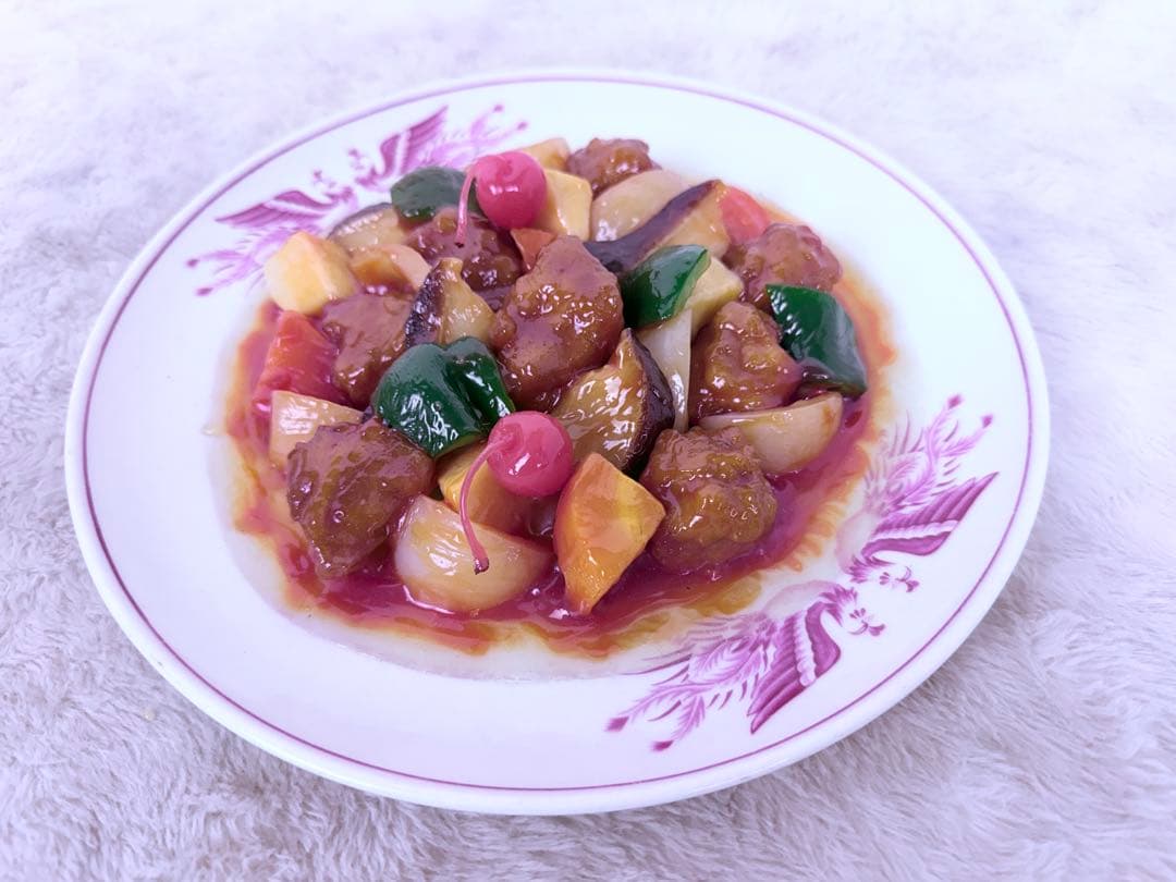 リアル食品サンプル 酢豚 甘酢あん 中華料理ディスプレイ用 直径約26.5cm