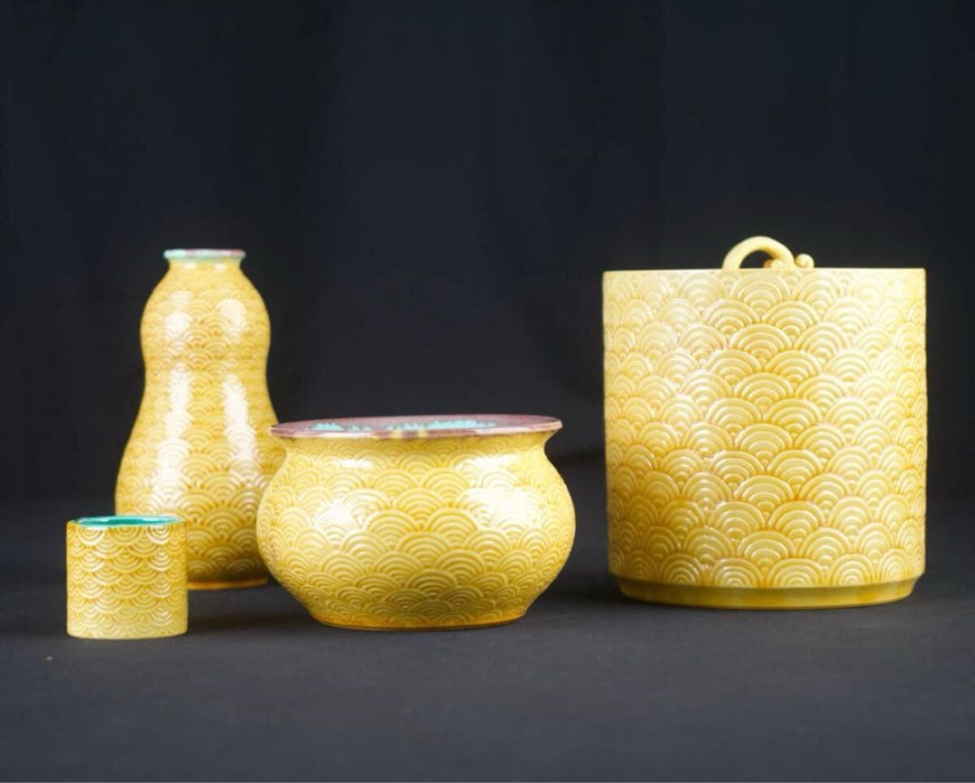 横石嘉助 造 黄交趾 青海波 皆具 共箱 茶道具 三彩 水指 建水 瓢杓立 蓋置