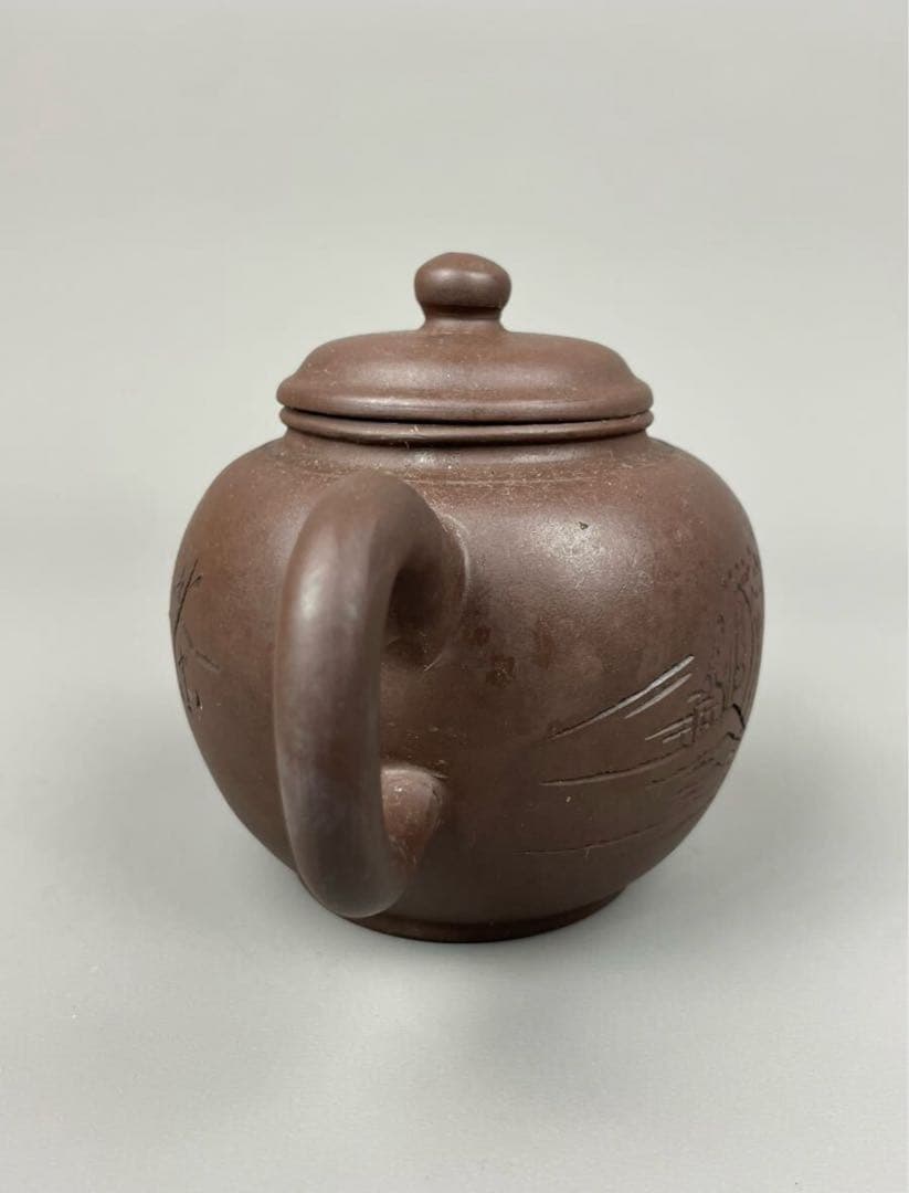 中国美術 朱泥急須 漢詩山水紋刻 後手急須 煎茶道具 紫砂壷 茶器 中國古玩