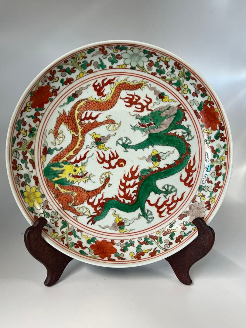 極上 古美術　五彩龍紋染付皿【大明萬歷製】在銘　西き04-4