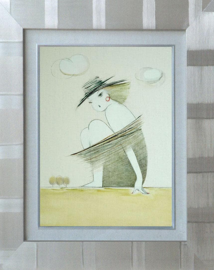 油絵 菅家令子 絵 絵画インテリア額付(青緑＋金色の枠) F3-041014女性