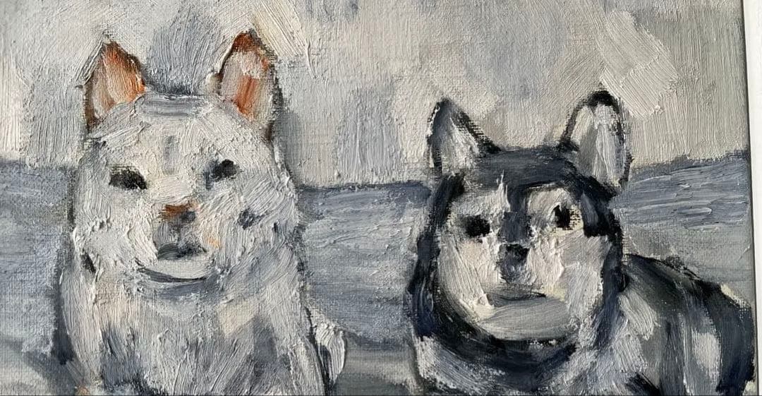 寄り添う時間｜犬2匹の油彩画・原画・額付き