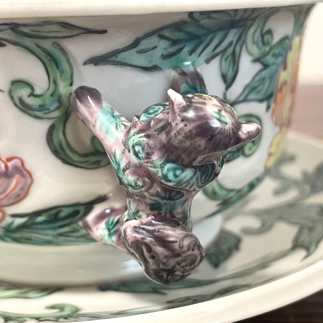 五代 清風与平？ 在銘 色絵 牡丹紋 唐獅子双耳 碗皿 詳細不明