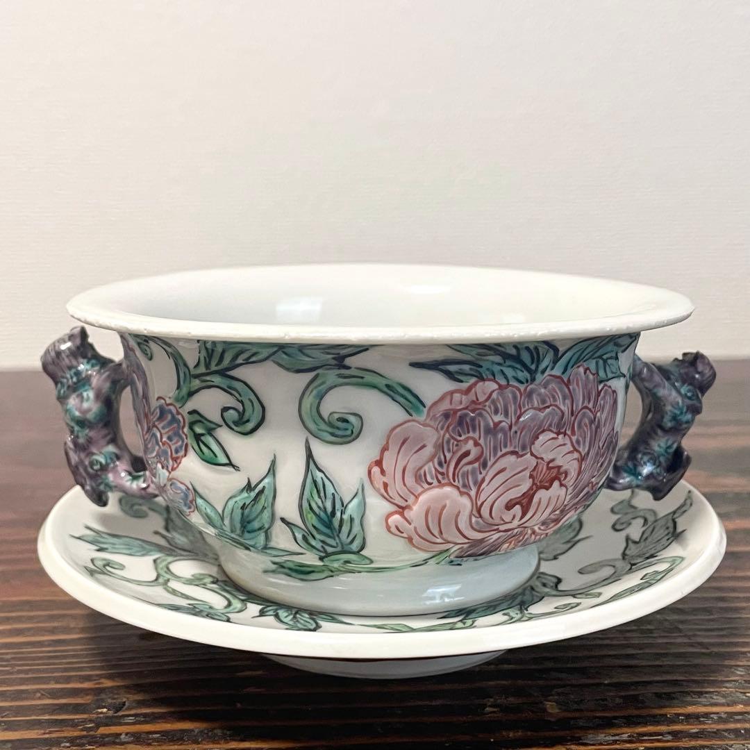 五代 清風与平？ 在銘 色絵 牡丹紋 唐獅子双耳 碗皿 詳細不明