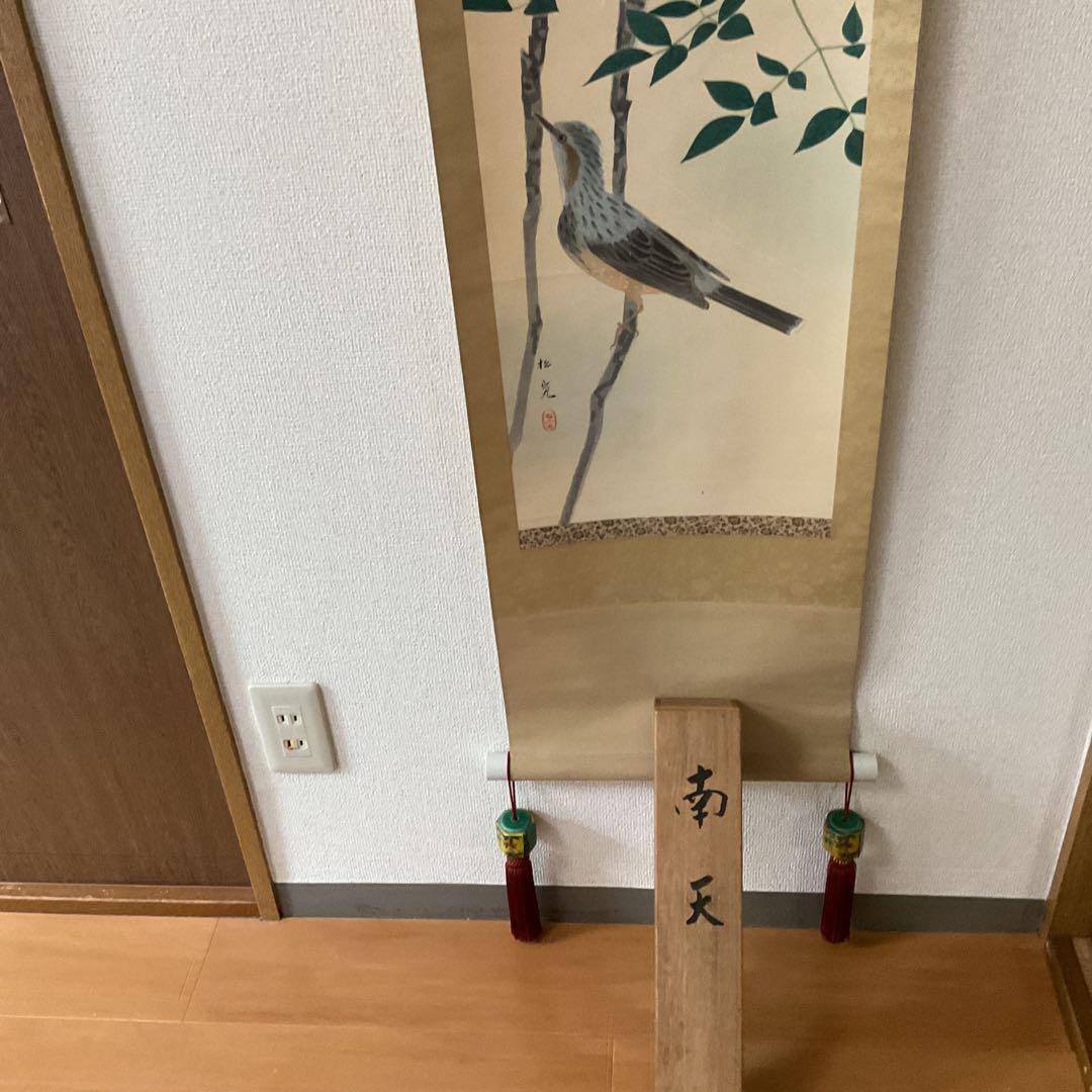 松究作 絹本彩色画 【 南天にヒヨドリ図 】 作者詳細不詳 自題共箱