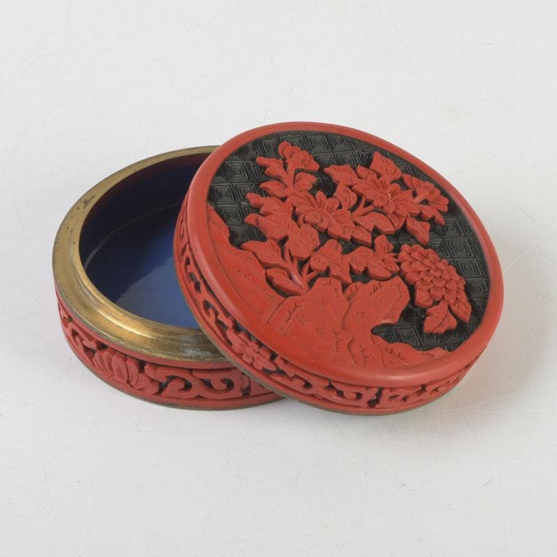 中国　剔紅　堆朱　内七宝　花文　香合　C　9840