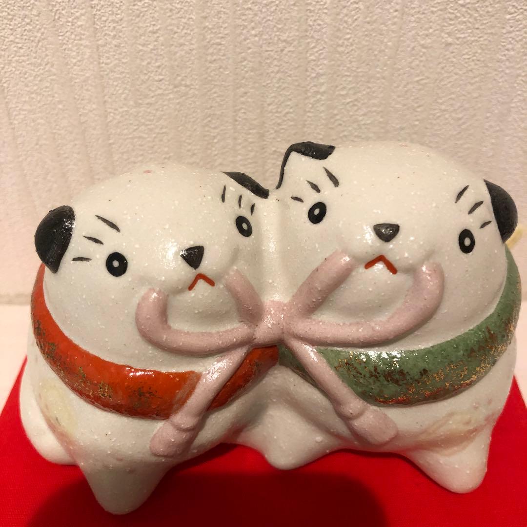超レア‼️縁起物‼️彩遊企‼️まるり‼️おか犬　貯金箱‼️双子の犬の陶器製置物 ST-40