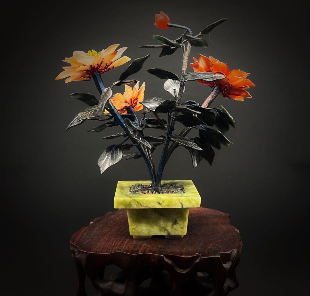 中国美術 古玩 玉石瑪瑙翡翠 彫刻 盆栽置物 開運風水ミニ盆栽