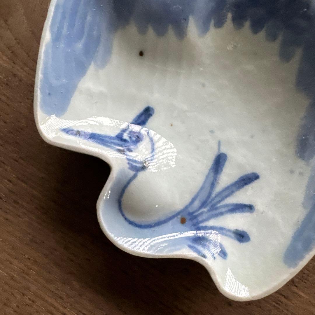 江戸中期　藍九谷　染付鶴形　手塩皿/小皿　変形皿　K338