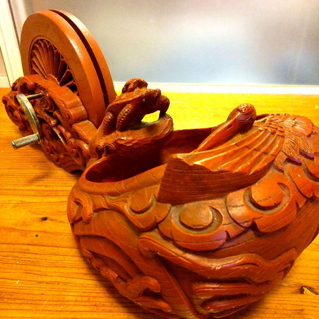 彫辰作 鶴亀彫 親子亀 墨壷 骨董 在銘 工芸品木製彫刻 装飾品 大工道具 墨坪