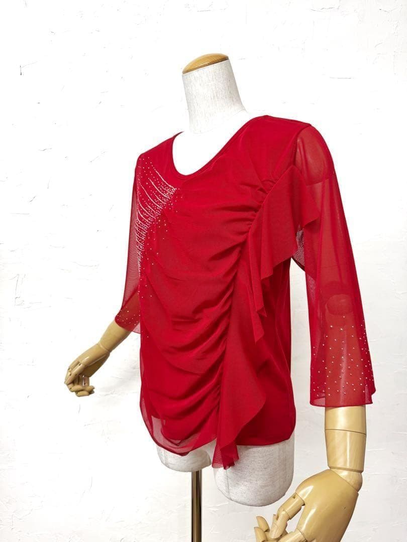 【ラインストーン】新品　赤　ゆったり　デザイン社交ダンスカットソー ｍ112