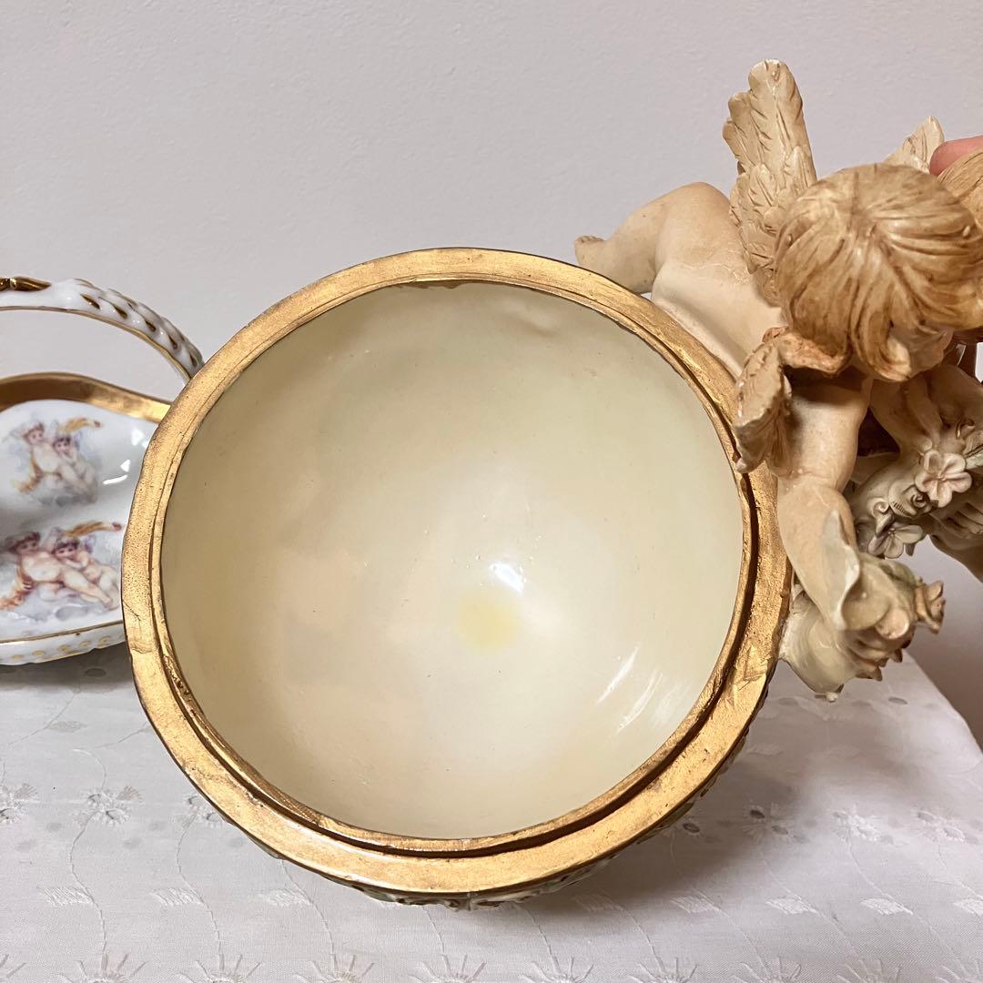 イタリア製 天使 エンジェル アンティーク調 置物 小物入れ／陶器製 バスケット