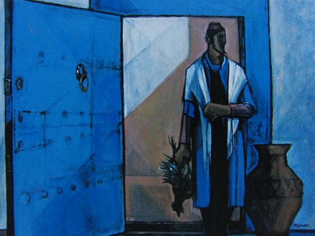 神戸文子、青い扉、希少な画集より、新品高級額・額装付