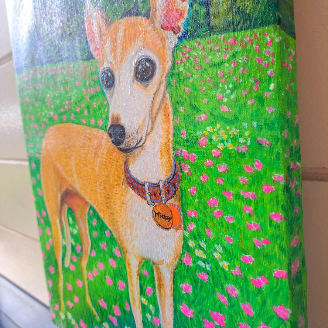 専用　油絵　イタリアングレーハウンドの美しいMickeyちゃんと小花咲く草原