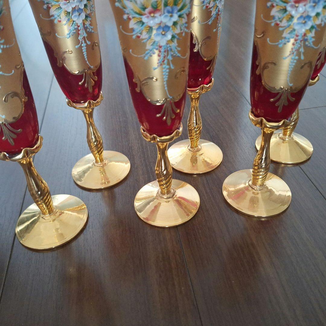 ベネチアングラス　花柄 シャンパングラス 6個セット　ムラノグラス