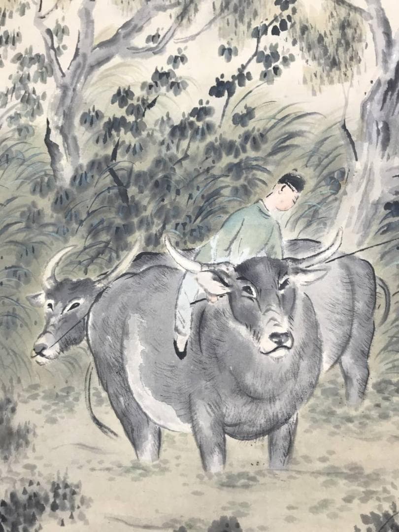 【真作】保間素堂/晩涼帰牧図/牧童図/山水図/横物/掛軸/名家伝来/AC-127