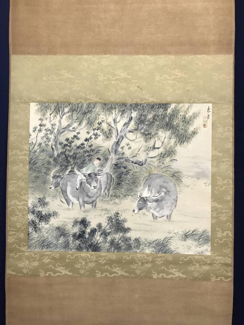 【真作】保間素堂/晩涼帰牧図/牧童図/山水図/横物/掛軸/名家伝来/AC-127