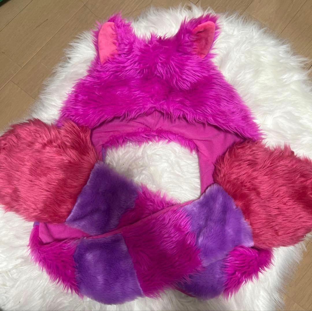 【美品】ディズニーマフラーキャップチェシャ猫　JK 猫耳フード付きピンク紫