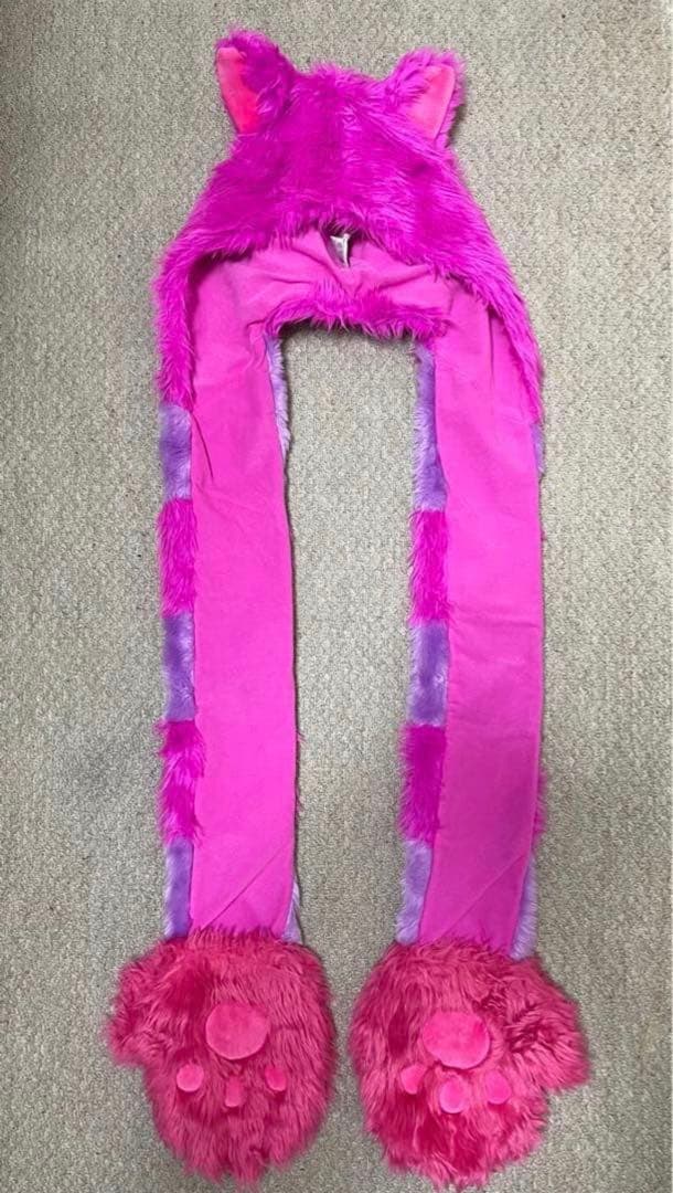 【美品】ディズニーマフラーキャップチェシャ猫　JK 猫耳フード付きピンク紫