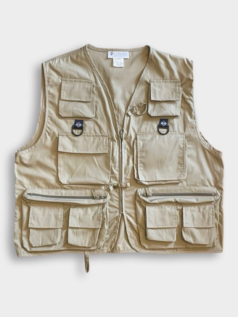 90s Columbia PFG ベージュ フィッシングベスト 6ポケット 美品