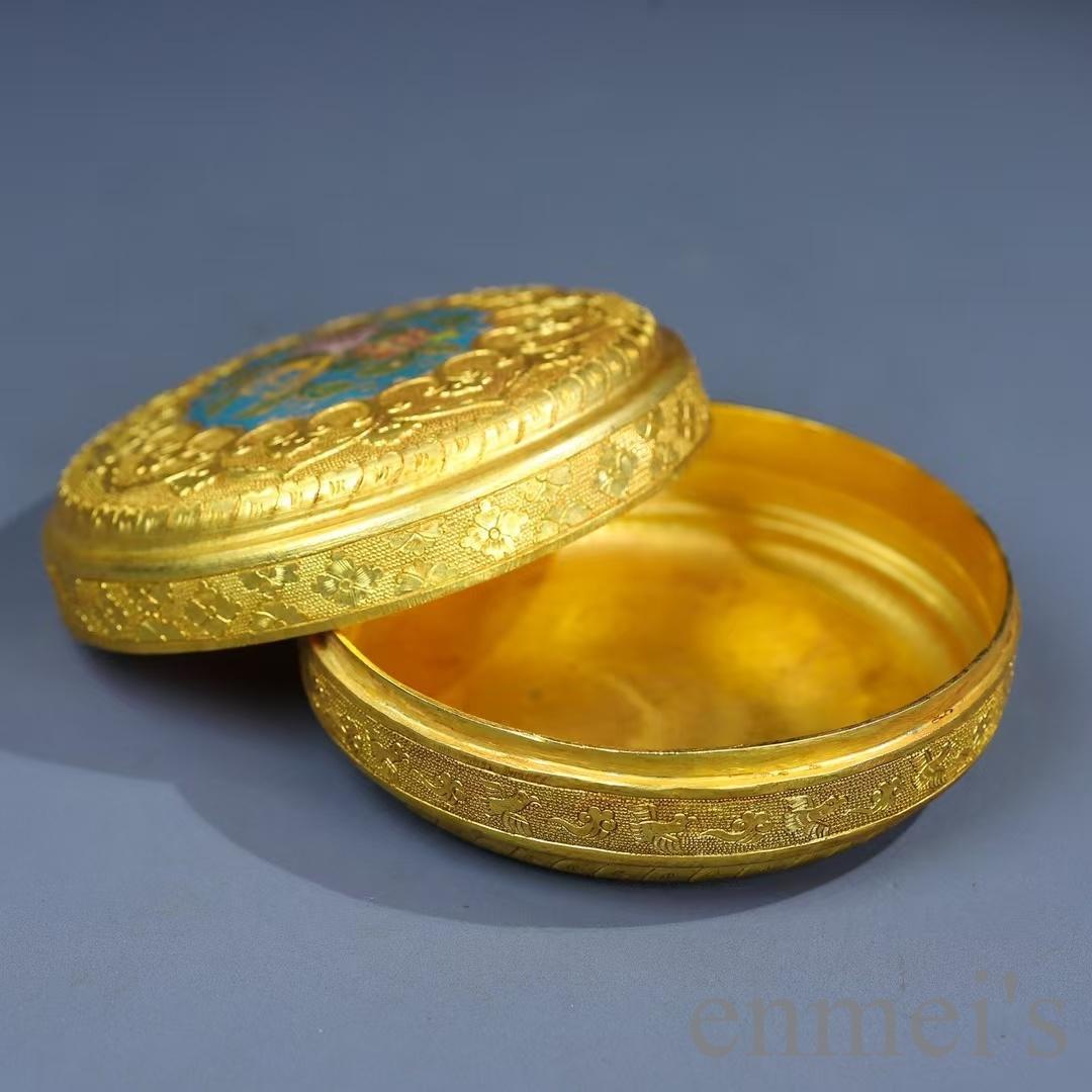 中国古美術 鍍金 純銅製 首飾箱 鏨刻工芸 掐絲七宝 小物入 観賞用 細密細工