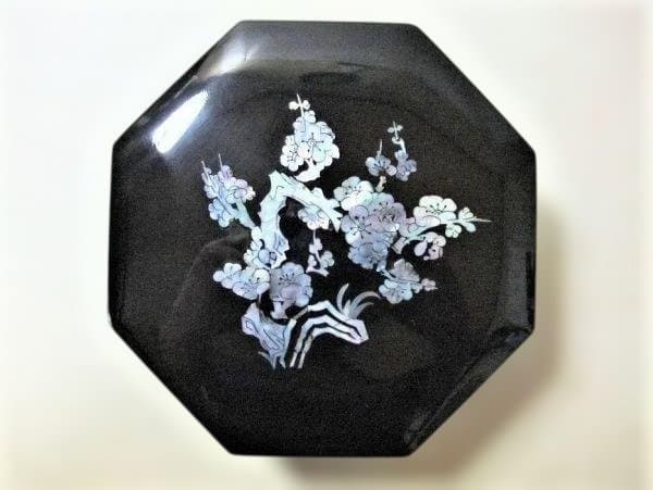 八角形 漆器 菓子器 花模様 青貝 螺鈿 菓子器 天然木 本漆器 逸品 未使用