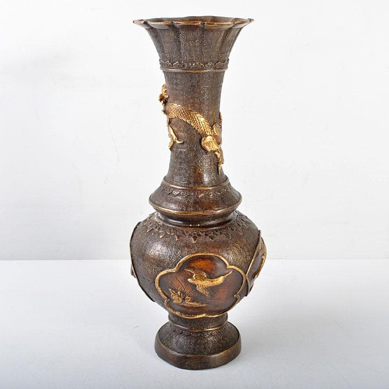 中国　乾隆年製　古銅鍍金　龍鳥文瓶　M　R4597