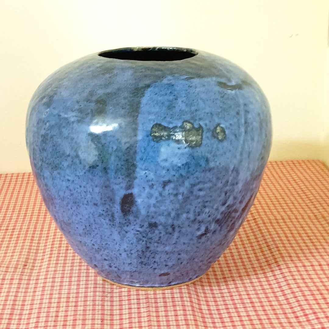 青色の陶器花瓶 釉薬
