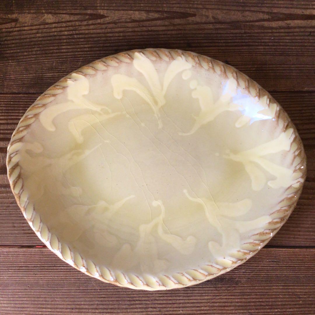 No3842 船木伸児　淡黄釉楕円鉢　共箱　布志名舩木窯　島根県　民藝　送料無料