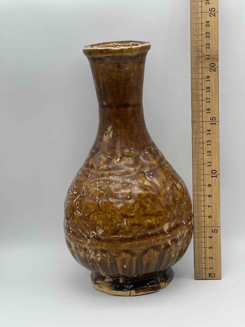 金～元時代　褐釉花草文花瓶　花入　花瓶　茶道具　香道具(B-63)