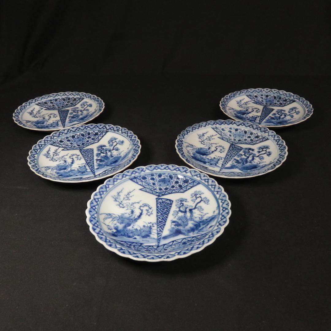 小皿 5枚 松 梅 変わり縁 輪花 印判 染付 明治 大正