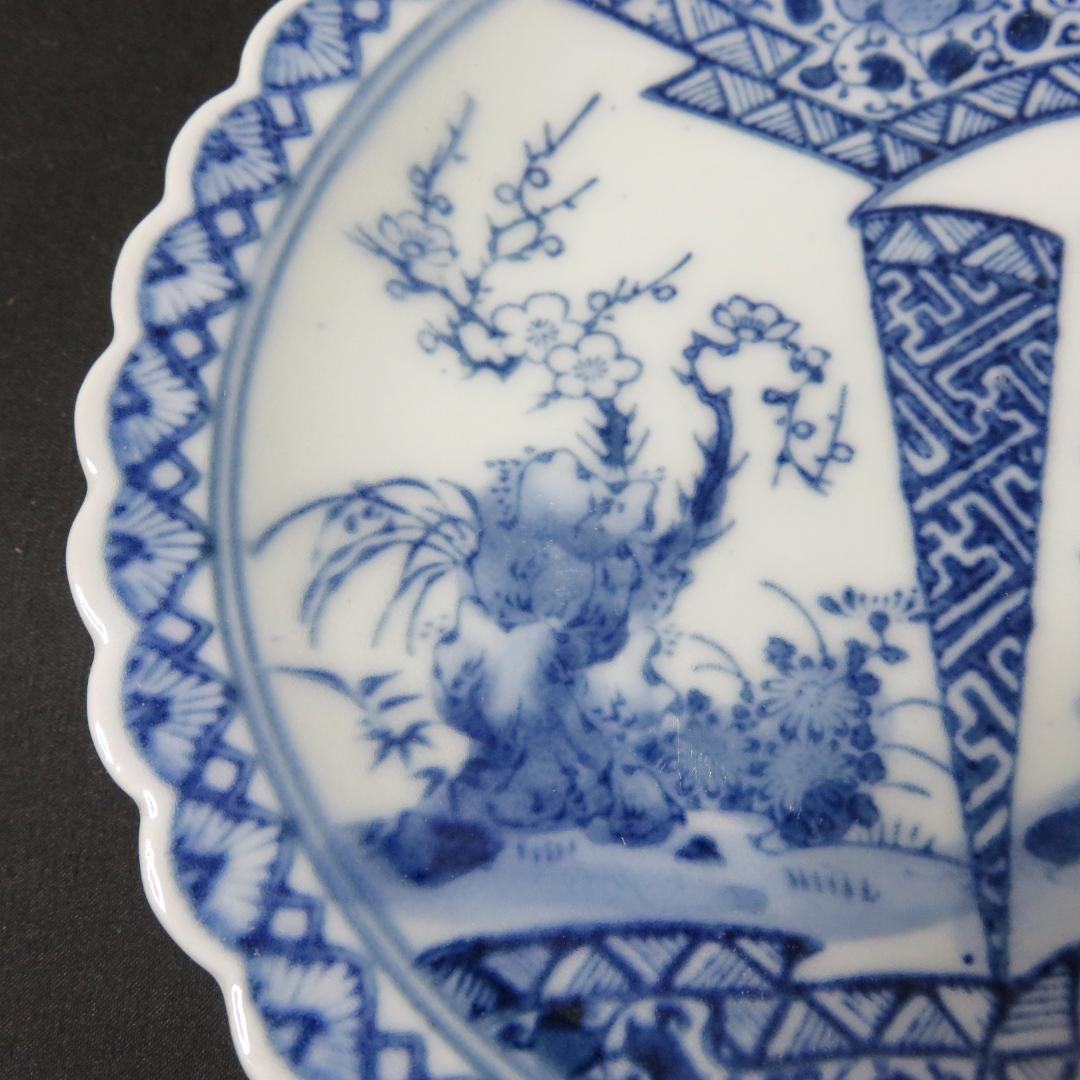 小皿 5枚 松 梅 変わり縁 輪花 印判 染付 明治 大正