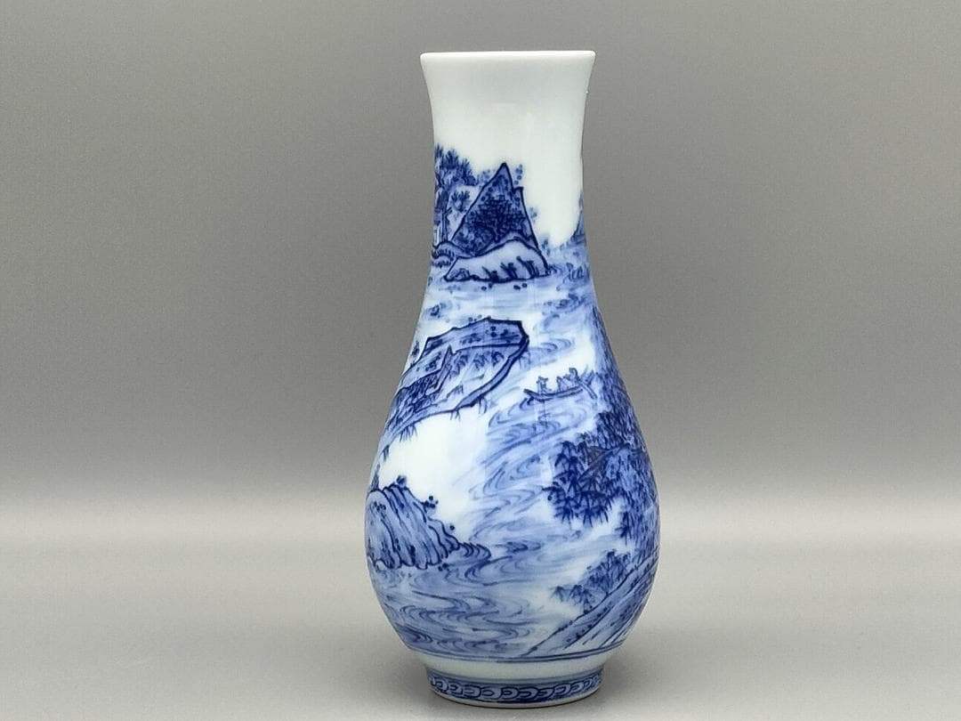 無形文化財 13代玉泉作 染付山水文尺立　共箱 茶道具 三川内焼