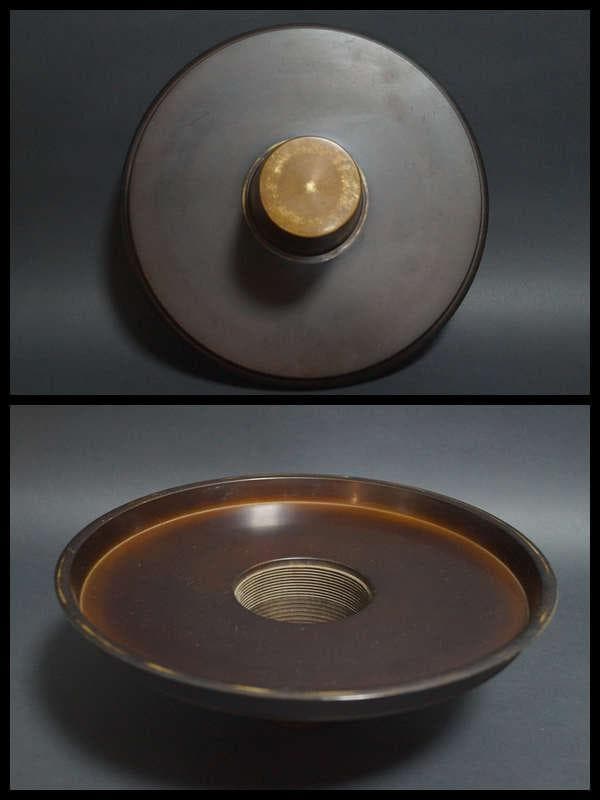 華道 花器 金工細工 銅製浮彫り『獅子戯玉図』薄端 生け花 最大幅30cm時代物