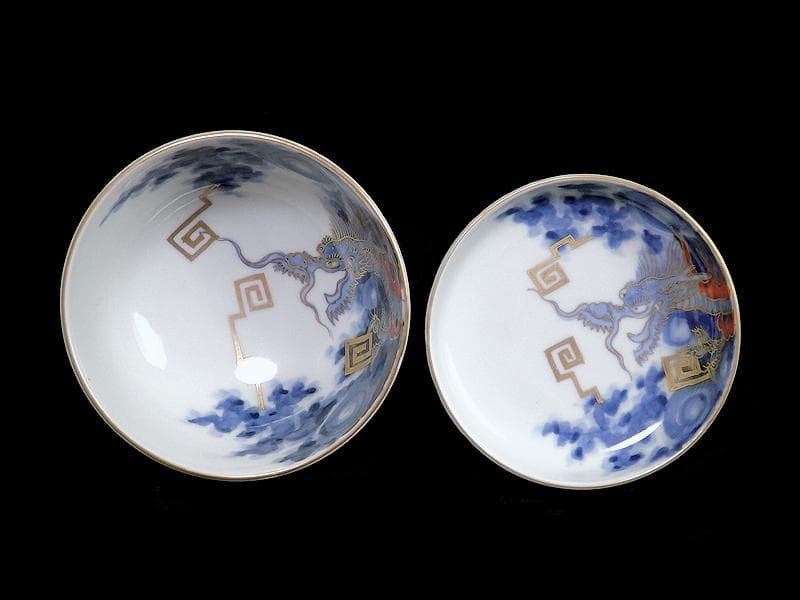 古伊万里　染錦　雲龍に雷紋の図　大振蓋茶碗　E255AS-fbjb