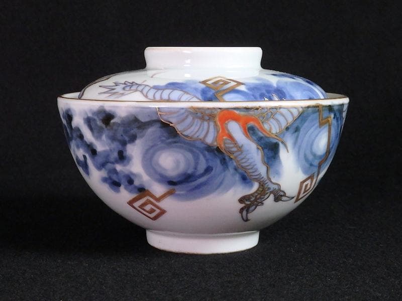 古伊万里　染錦　雲龍に雷紋の図　大振蓋茶碗　E255AS-fbjb