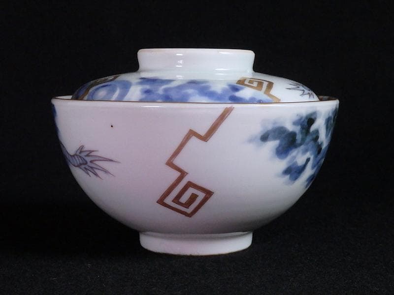 古伊万里　染錦　雲龍に雷紋の図　大振蓋茶碗　E255AS-fbjb