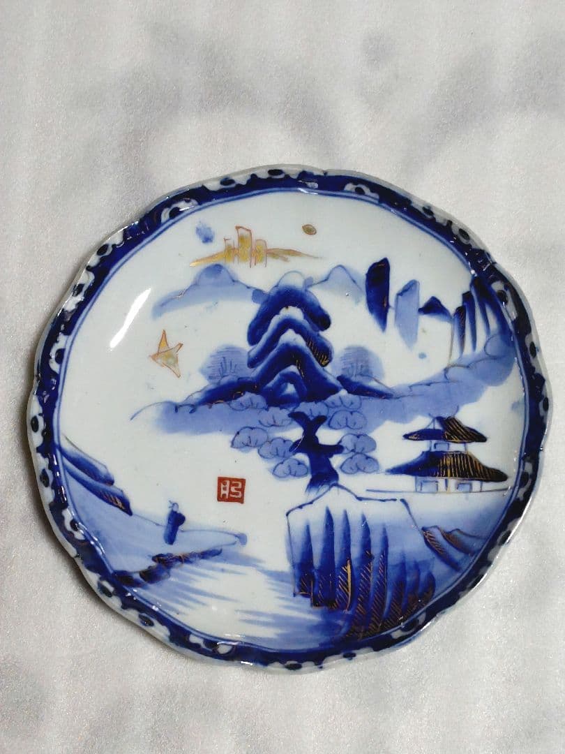 古伊万里　青磁　中皿　皿　染付　山水文　金彩　輪花　3客セット