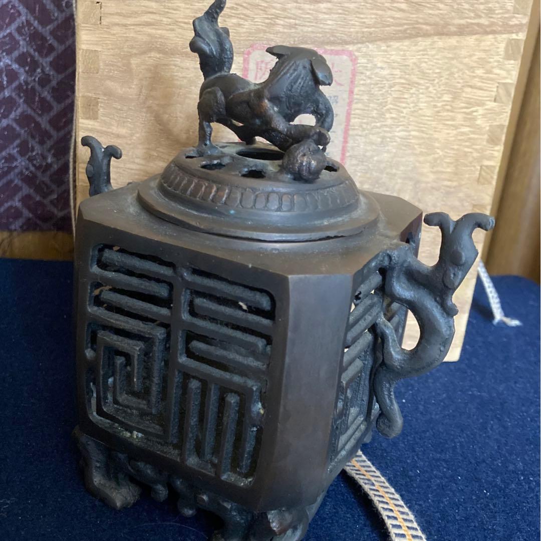 大明宣徳年製　古銅獅子頭福字香炉　徳川家蔵　箱入