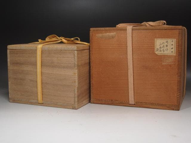 ★　三浦竹軒　仁清写扇絵鉢　二重箱　※金直し有★x275