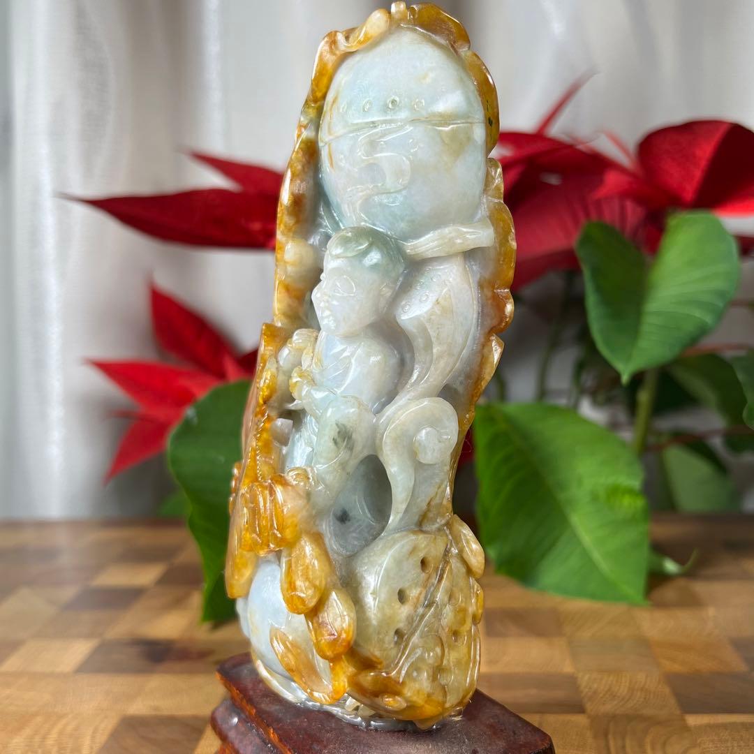 【本翡翠】吉祥唐子置物　高さ18、5cm